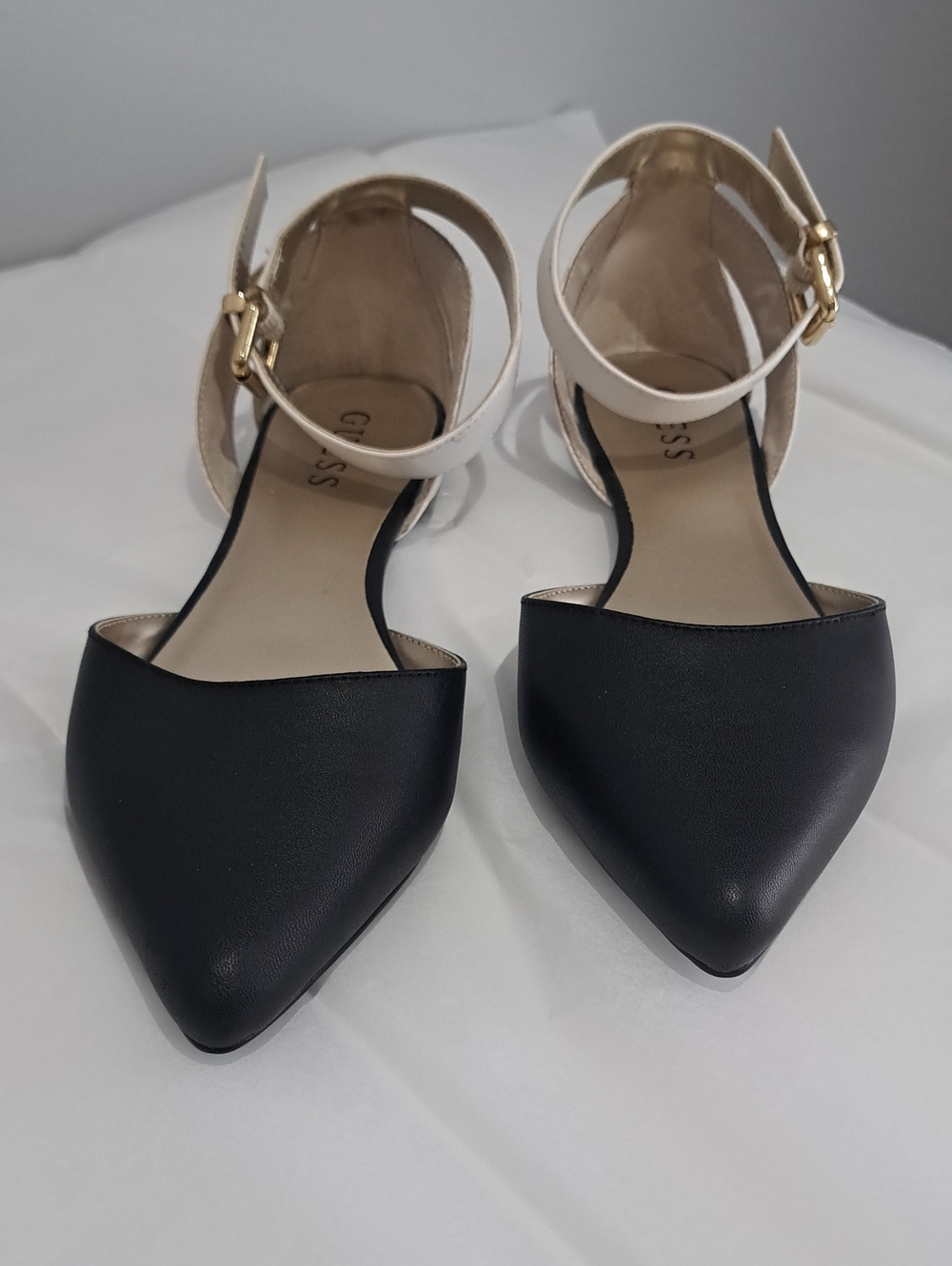 GUESS Black Pointed Flats with Cream Ankle Straps and Gold Buckles